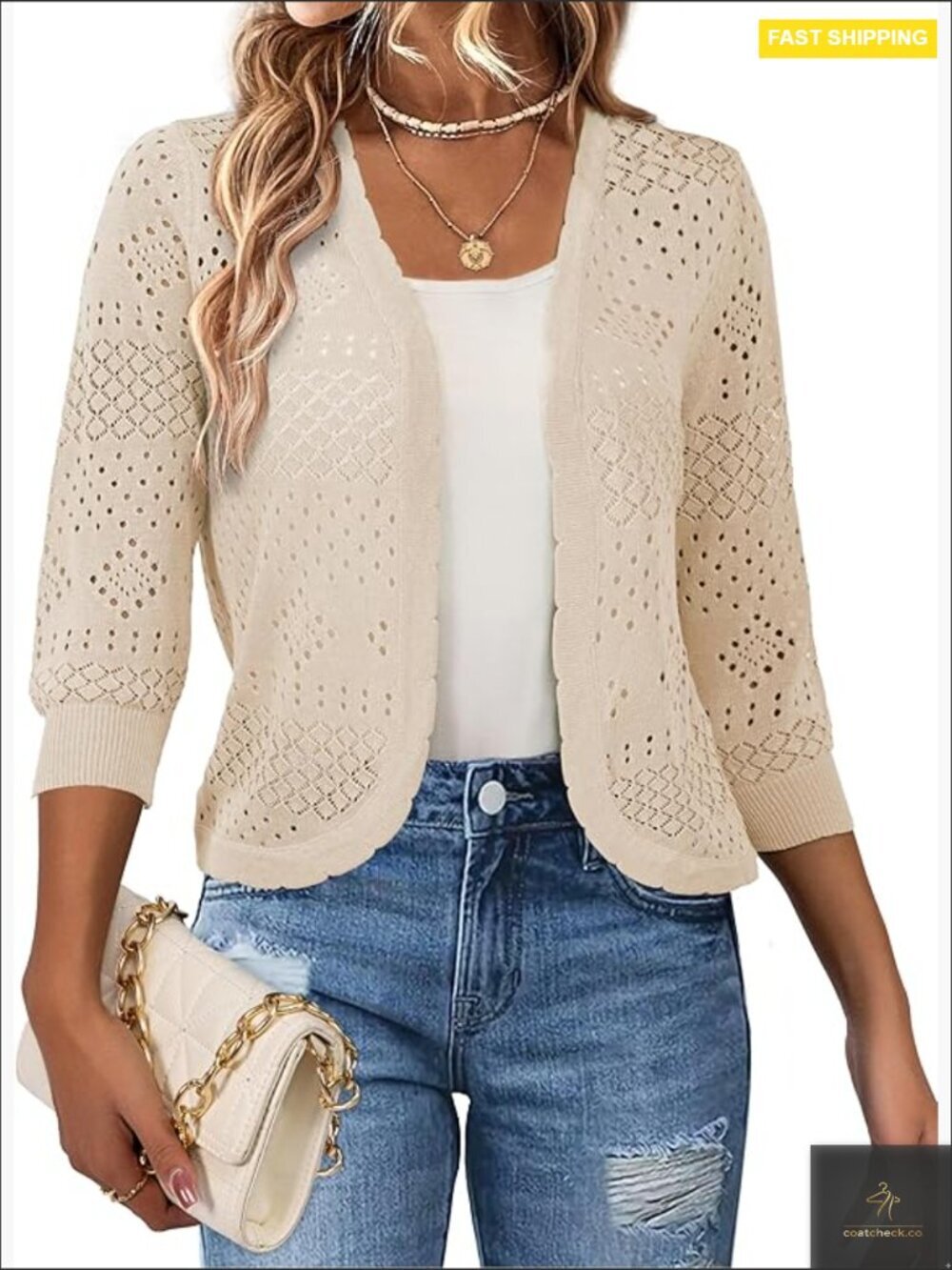 Cropped Cardigan 3/4 Sleeve Open Front Lightweight Hollowed Pattern Summer Shrug